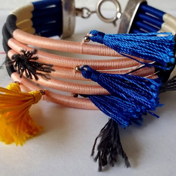 NWT Isabel Marant Women's Tassel Blue White Black Pink Silver Wrap Bracelet - Picture 3 of 11